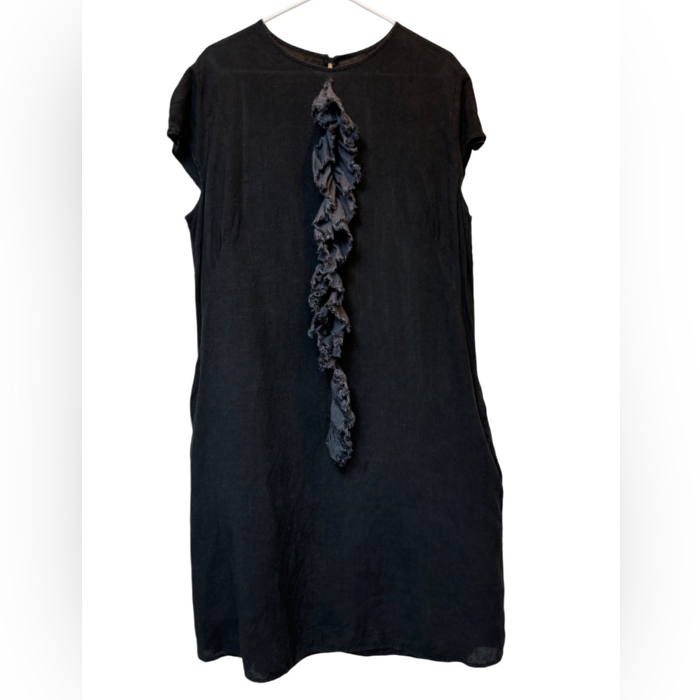 Dress Me Linen Shift Black Dress with Ruffle